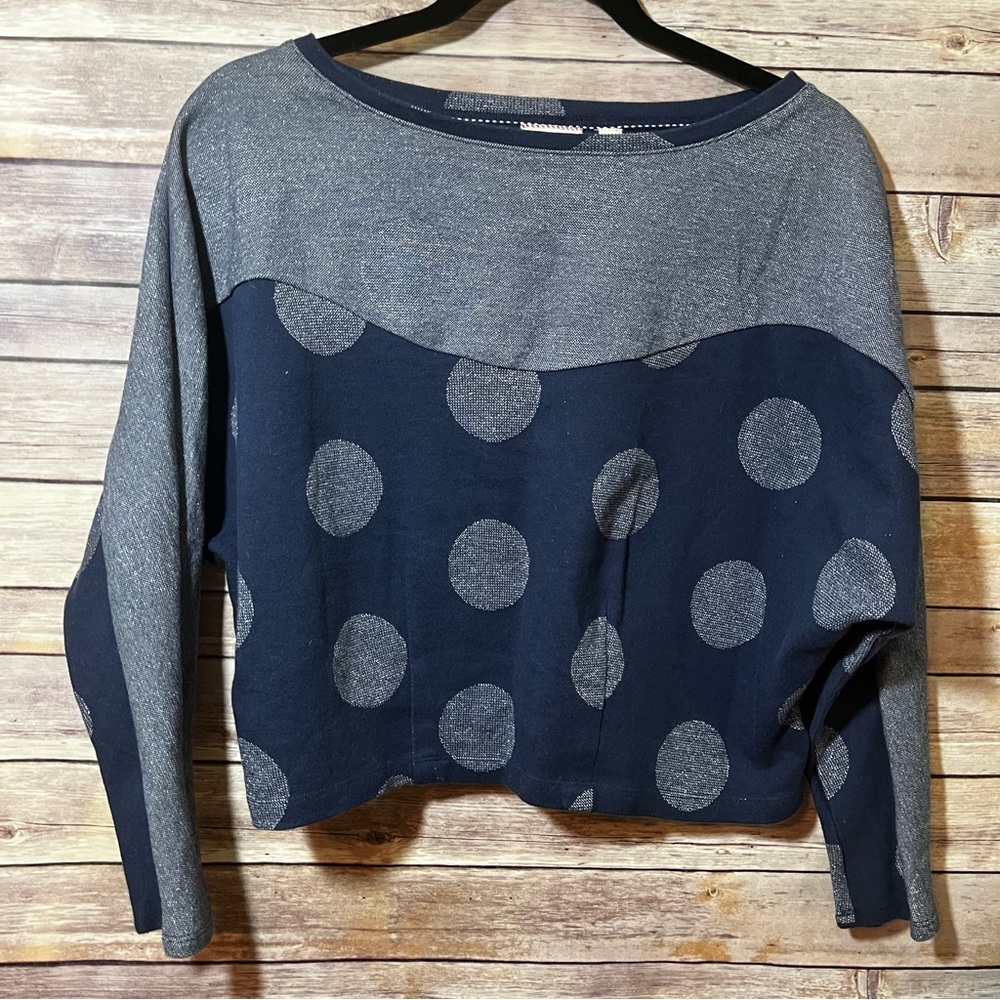 ANTHROPOLOGIE POSTAGE STAMP Long Sleeve Cropped Shirt Metallic Silver Polka Dots